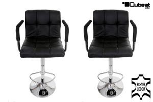 2 x Designer Barstool  black GENUINE LEATHER height adjustable with padded backrest and removable armrest - "Theo"