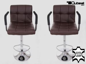 2 x Designer Barstool  brown GENUINE LEATHER height adjustable with padded backrest and removable armrest - "Theo"