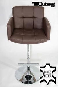 Designer Barstool brown REAL LEATHER height adjustable upholstered backrest and armrest - "Leonardo"