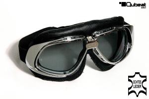 Motorcycle Goggles Classic, REAL LEATHER; Black, Smoke-Tinted Lenses