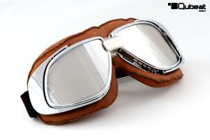 Motorcycle Goggles Classic, REAL LEATHER; Brown, Silver Lenses