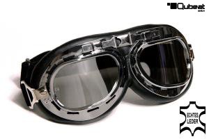 Motorradbrille Classic, schwarz mit verspiegelten Glsern, ECHT LEDER